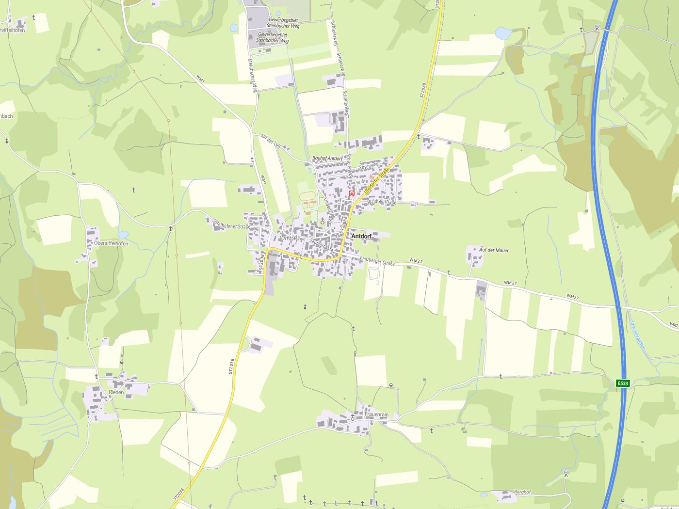 Kartenausschnitt Antdorf mit Gewässern