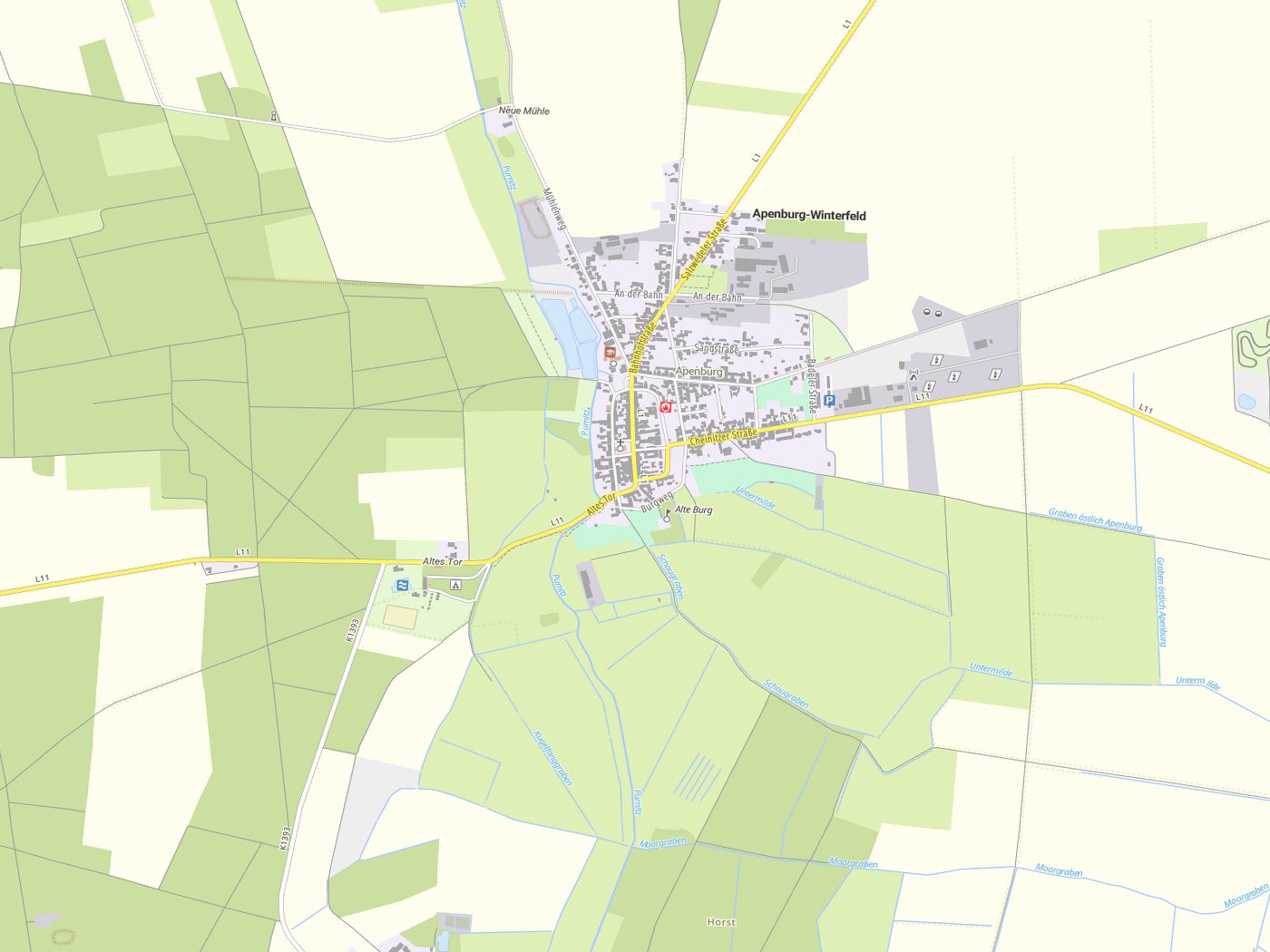 Kartenausschnitt Apenburg-Winterfeld mit Gewässern