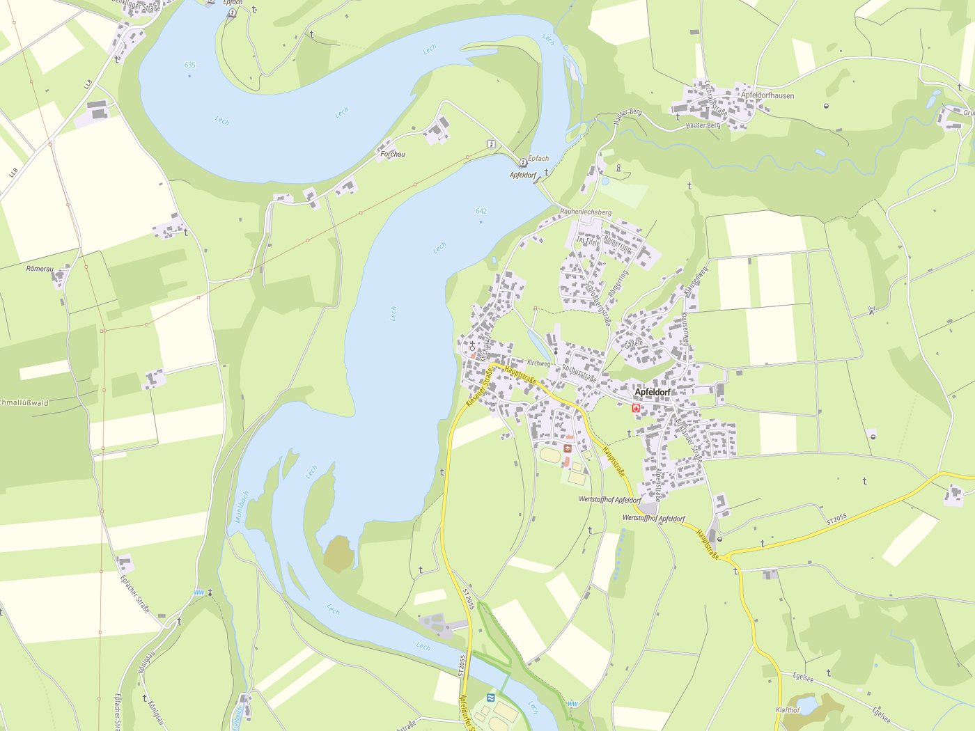 Kartenausschnitt Apfeldorf mit Gewässern