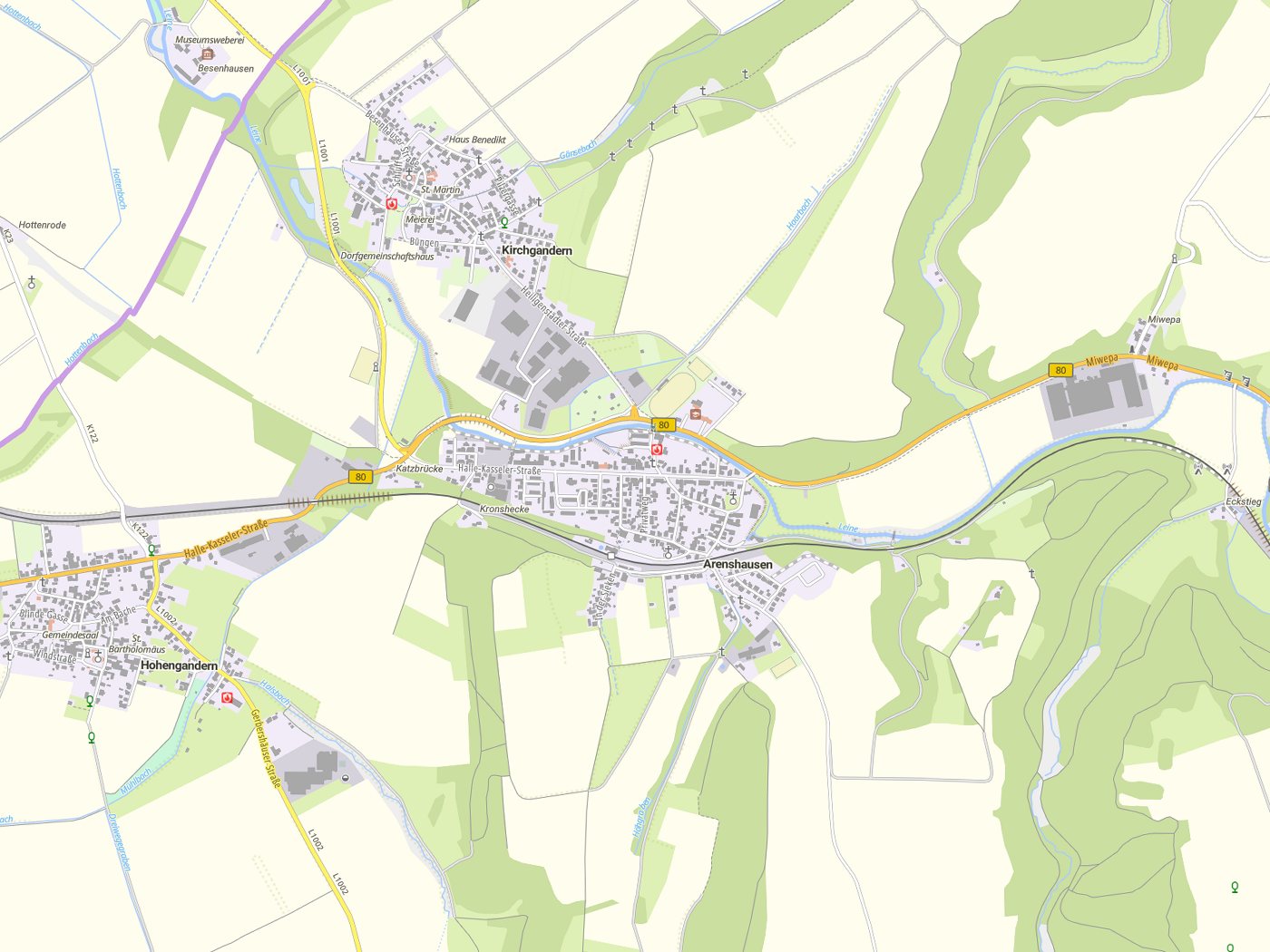 Kartenausschnitt Arenshausen mit Gewässern