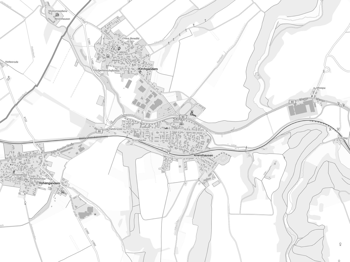 Kartenausschnitt Arenshausen mit Gewässern