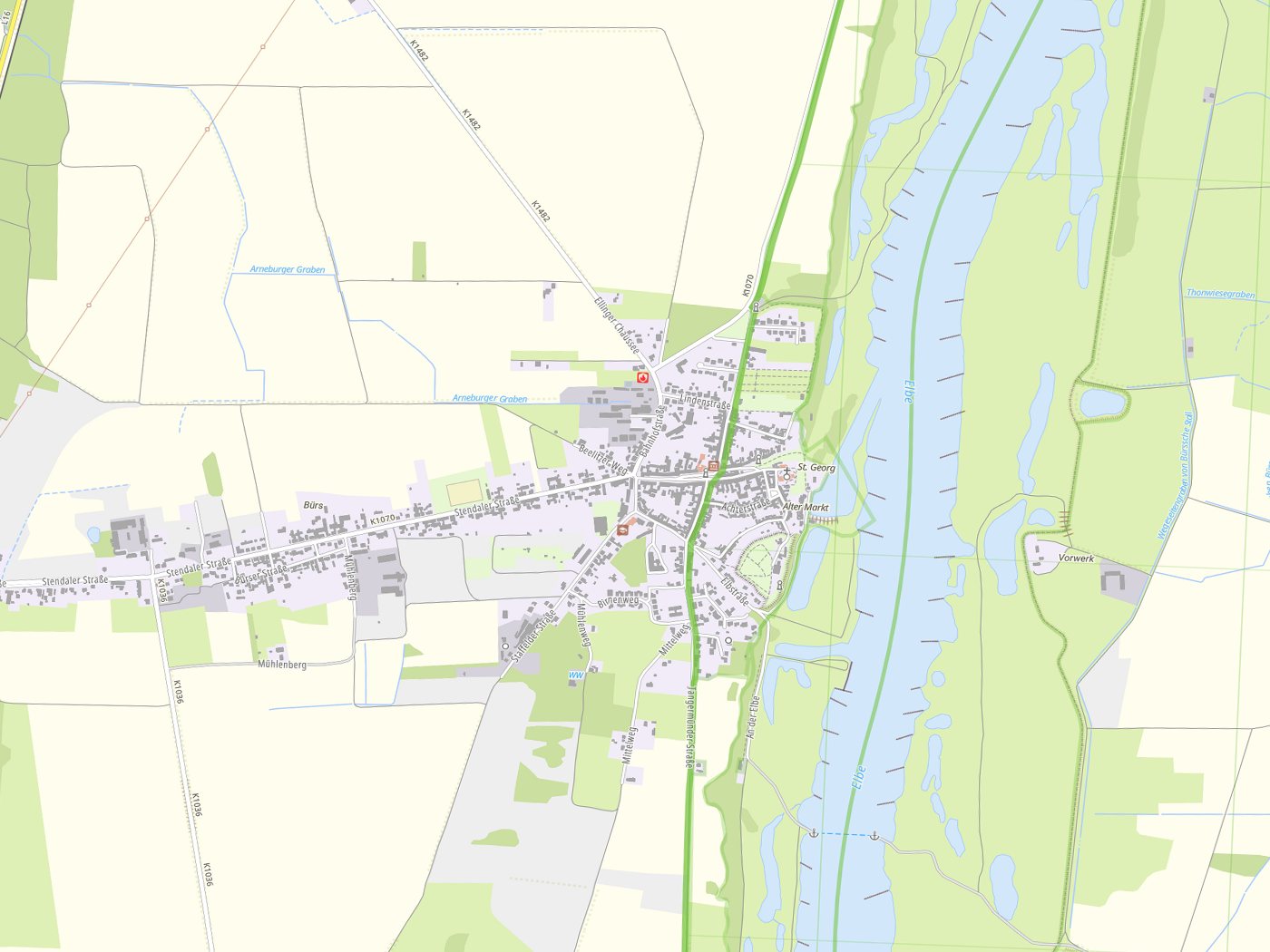 Kartenausschnitt Arneburg mit Gewässern