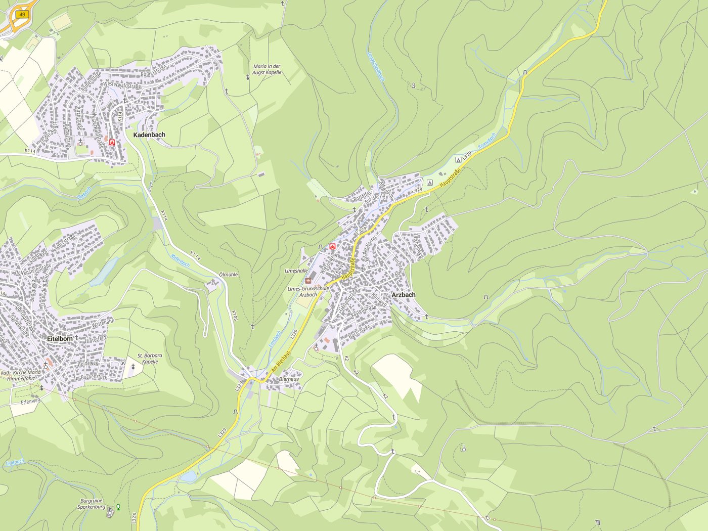 Kartenausschnitt Arzbach mit Gewässern