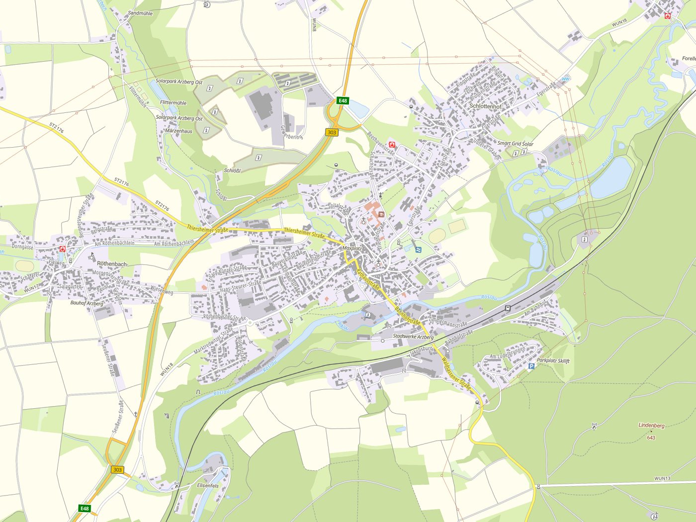 Kartenausschnitt Arzberg mit Gewässern