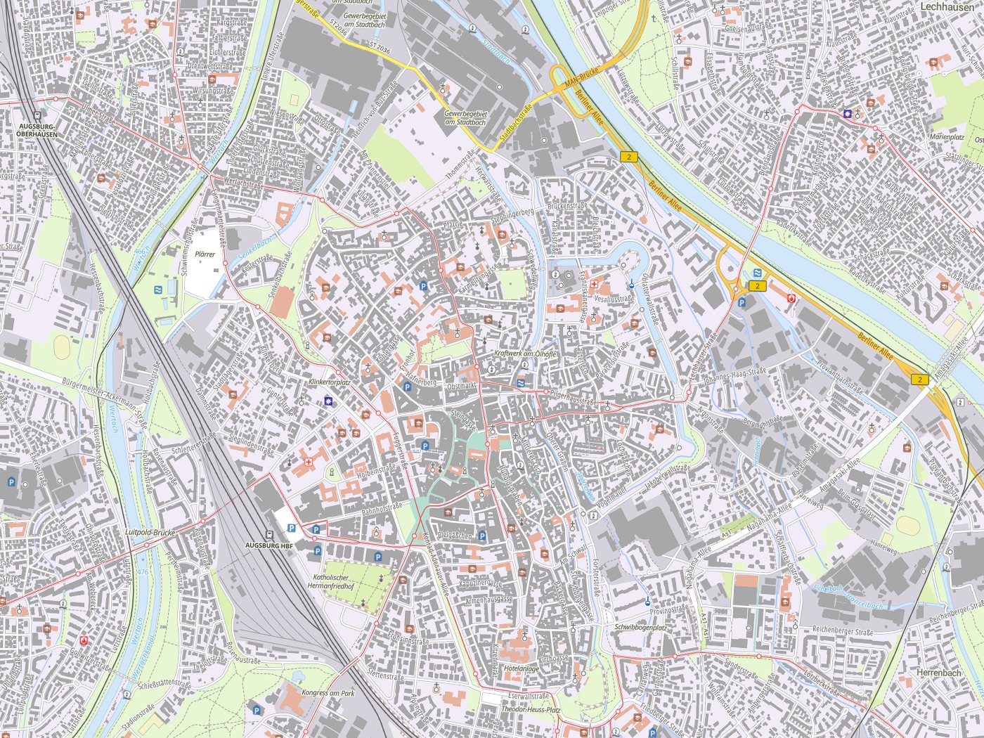 Kartenausschnitt Augsburg mit Gewässern