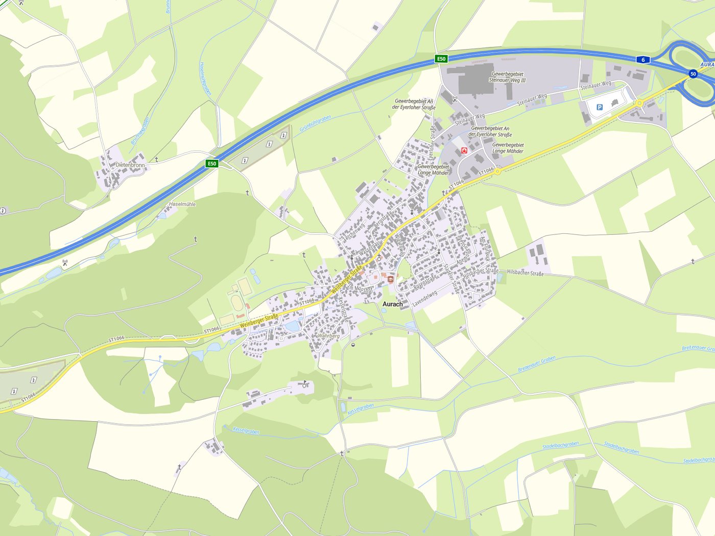 Kartenausschnitt Aurach mit Gewässern
