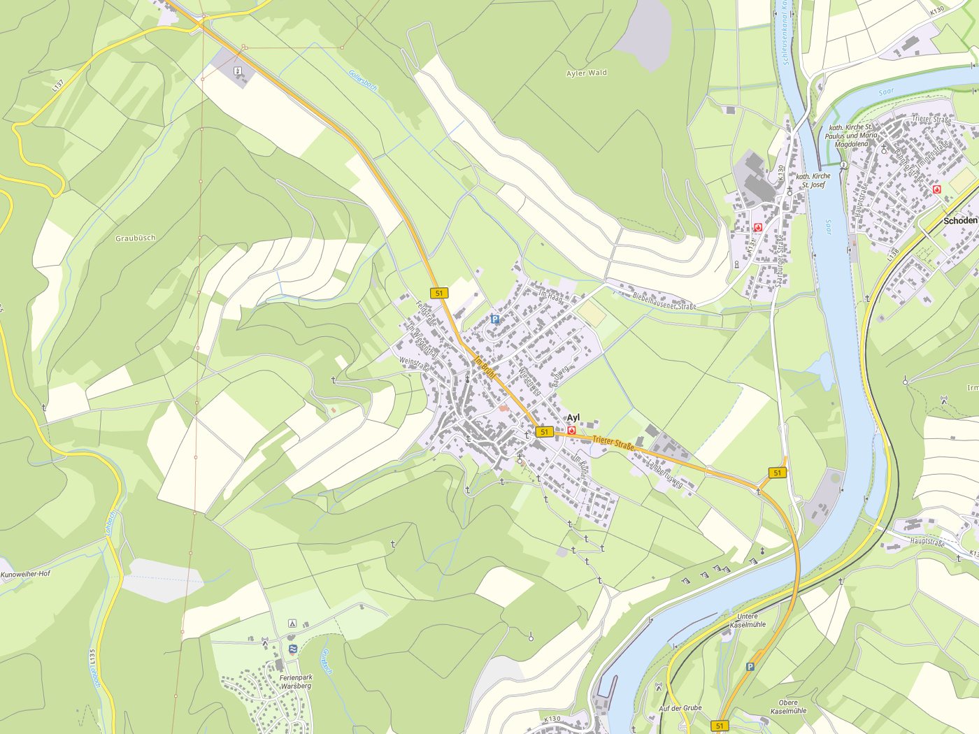 Kartenausschnitt Ayl mit Gewässern