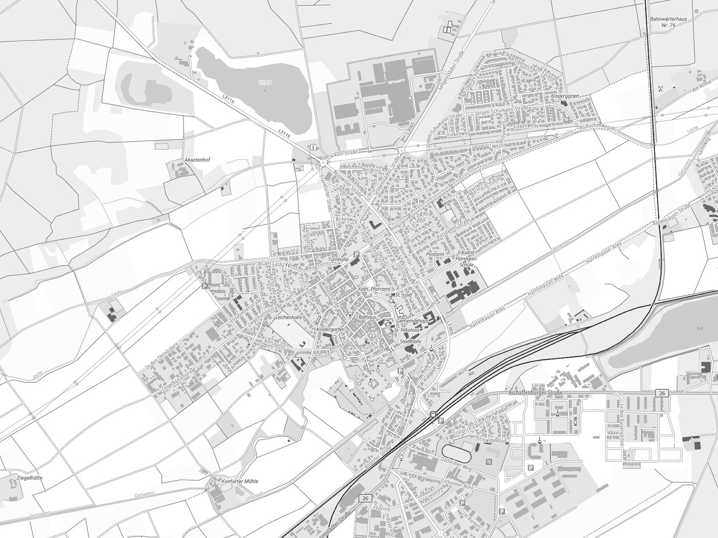 Kartenausschnitt Babenhausen mit Gewässern