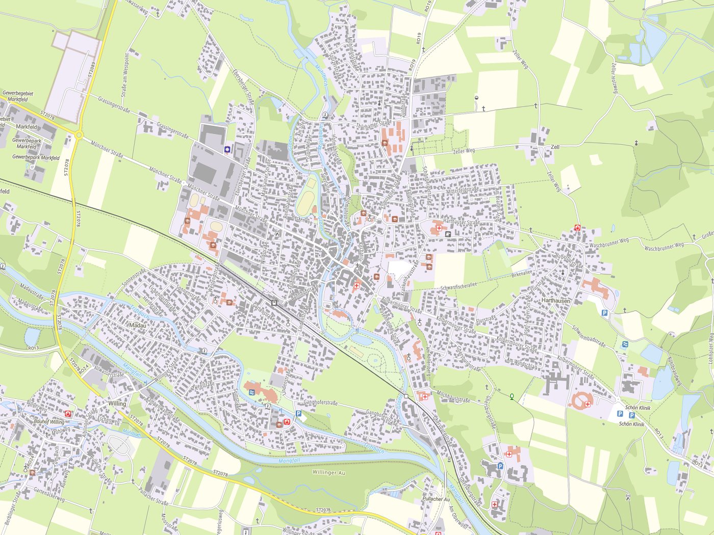 Kartenausschnitt Bad Aibling mit Gewässern