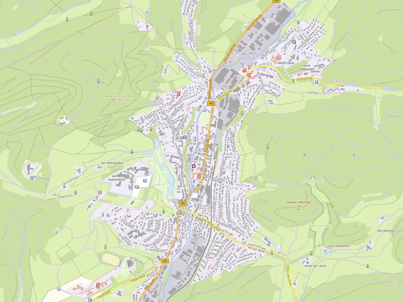 Kartenausschnitt Bad Berleburg mit Gewässern