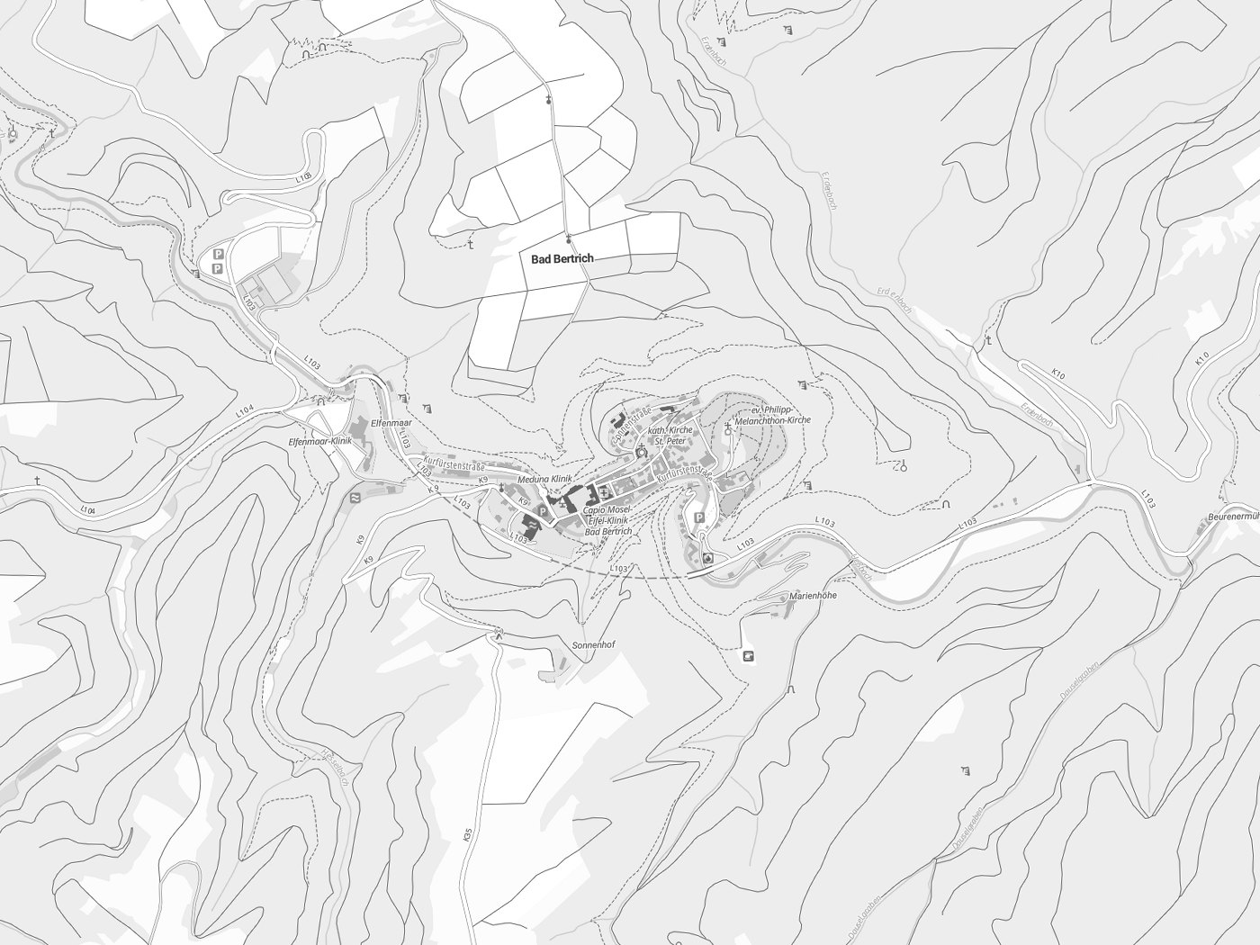 Kartenausschnitt Bad Bertrich mit Gewässern
