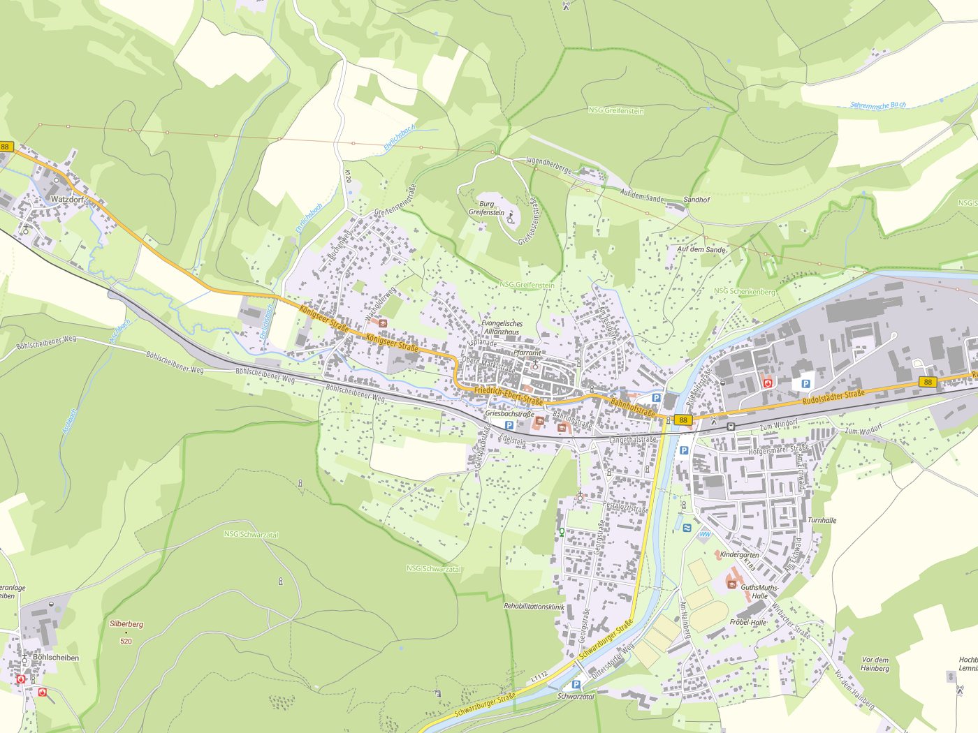Kartenausschnitt Bad Blankenburg mit Gewässern