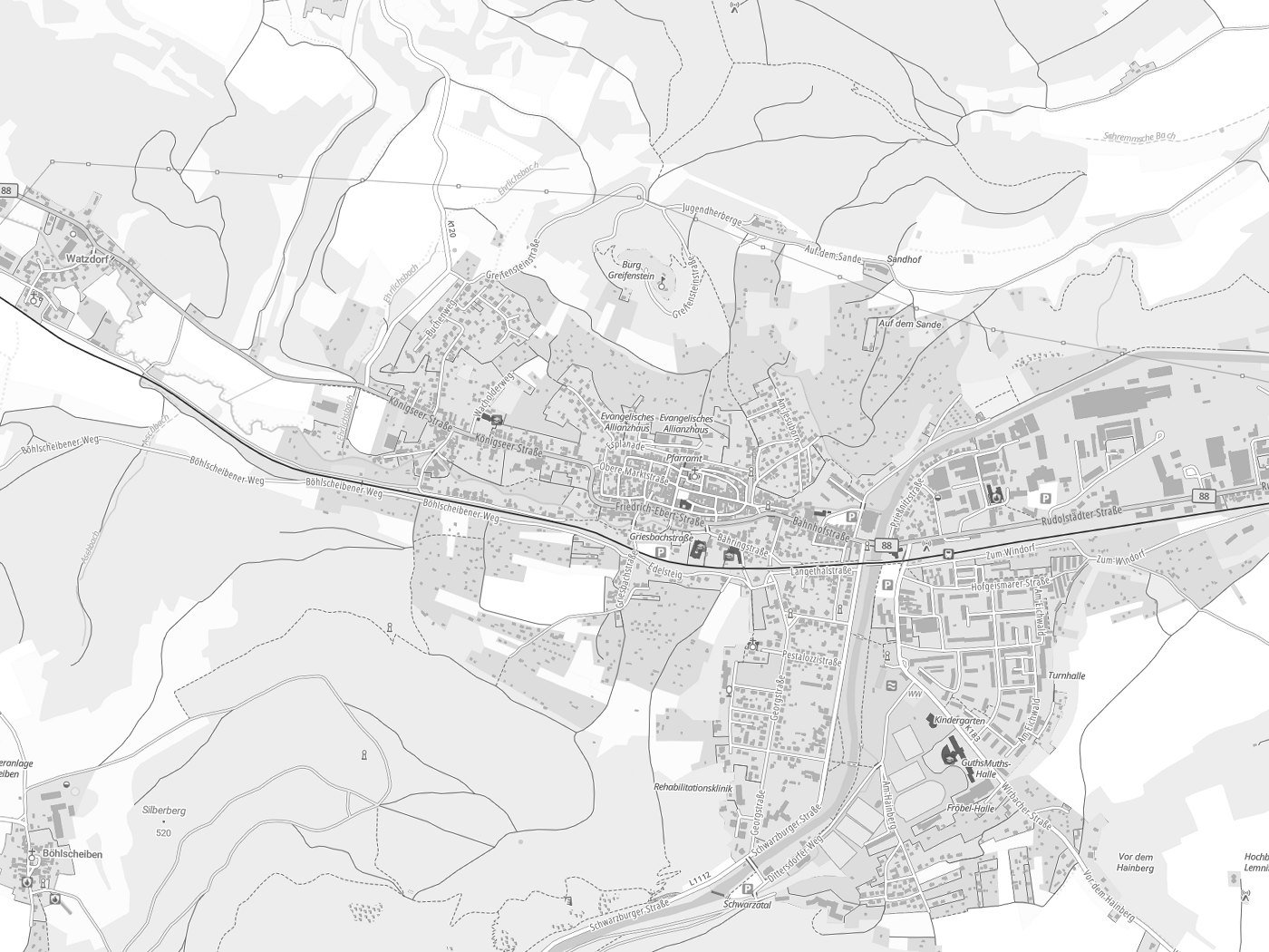 Kartenausschnitt Bad Blankenburg mit Gewässern
