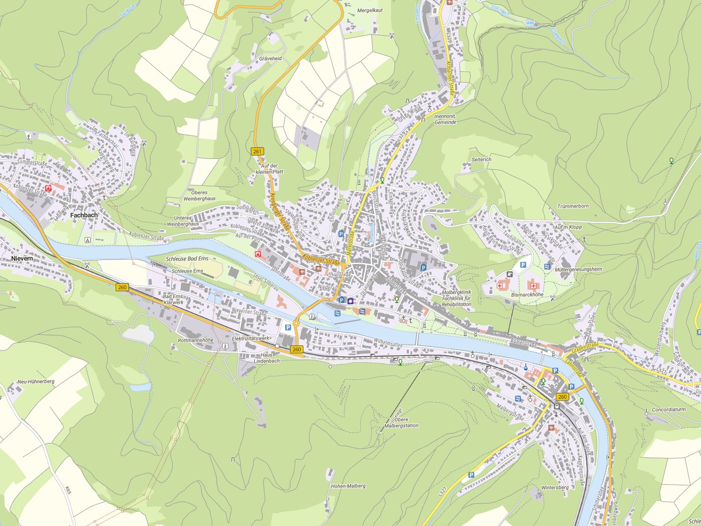 Kartenausschnitt Bad Ems mit Gewässern