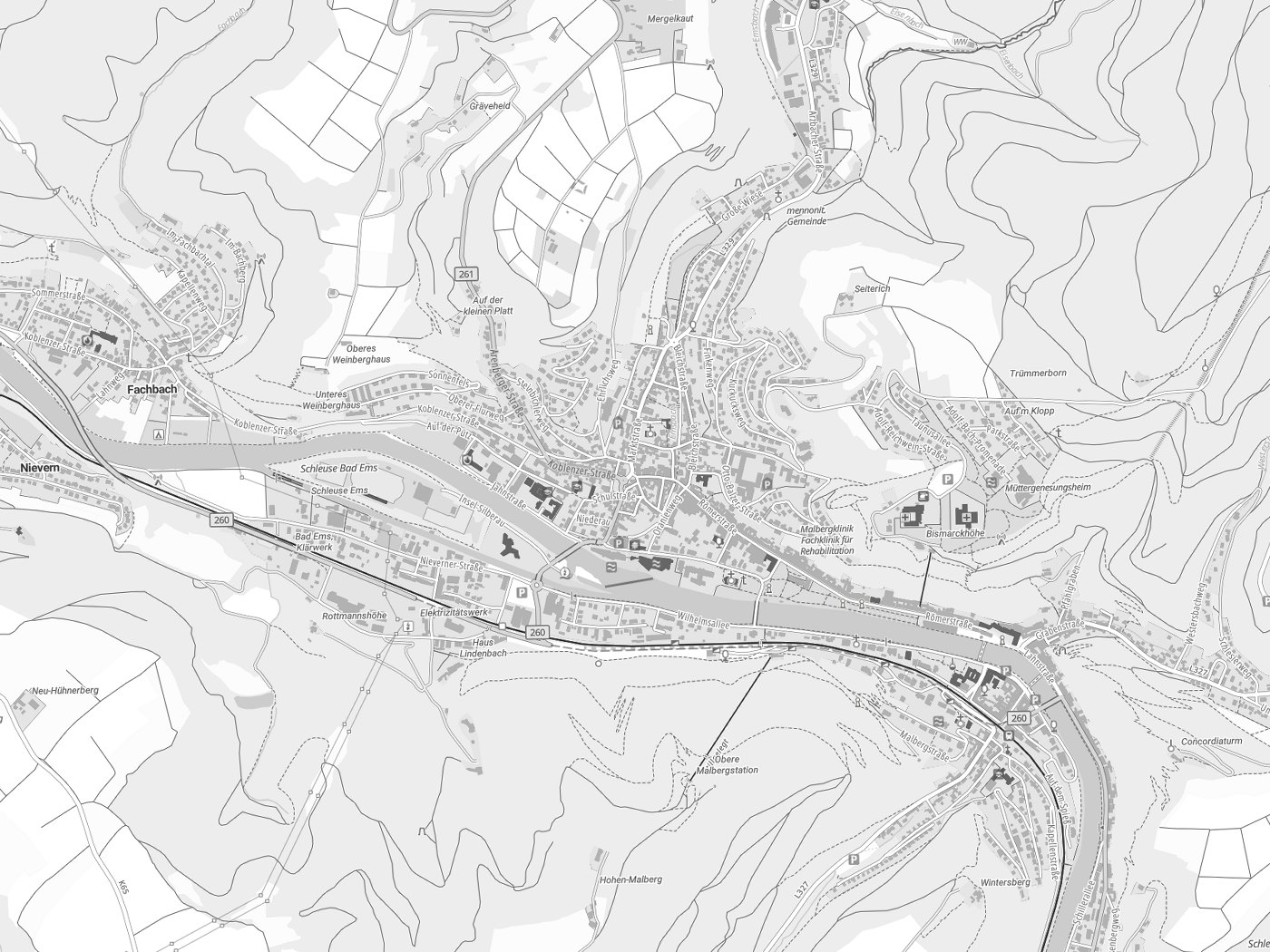 Kartenausschnitt Bad Ems mit Gewässern