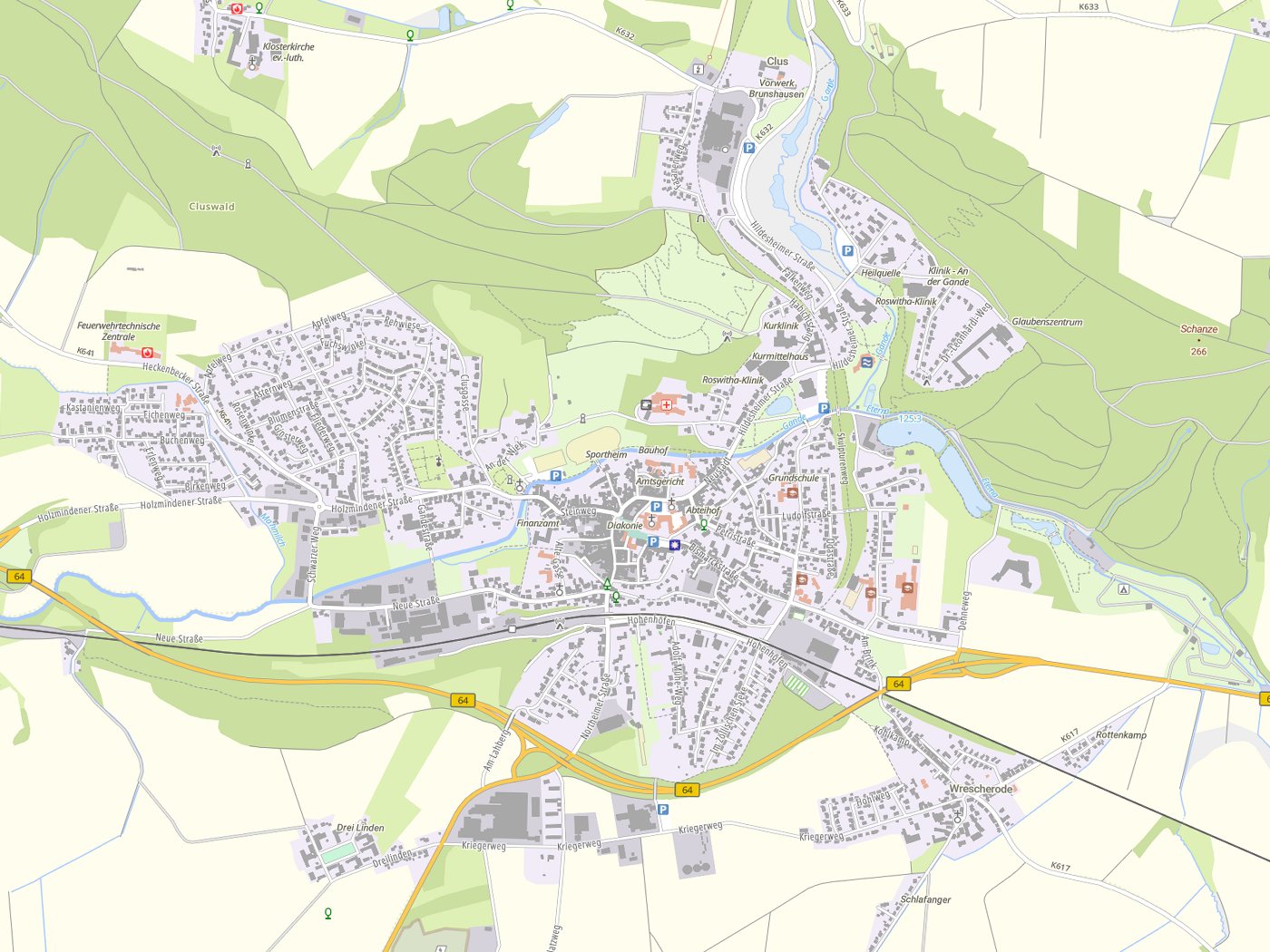 Kartenausschnitt Bad Gandersheim mit Gewässern