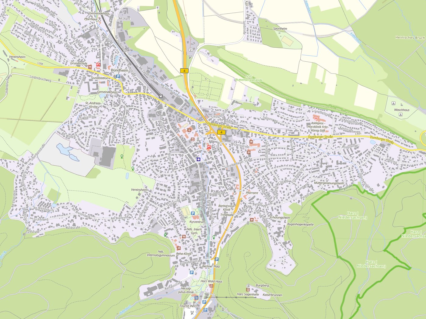 Kartenausschnitt Bad Harzburg mit Gewässern