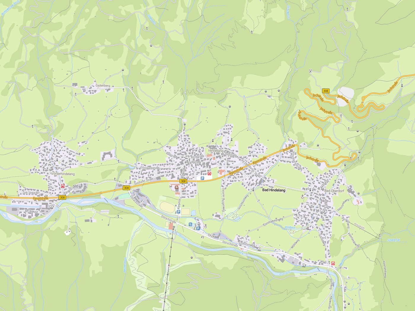 Kartenausschnitt Bad Hindelang mit Gewässern