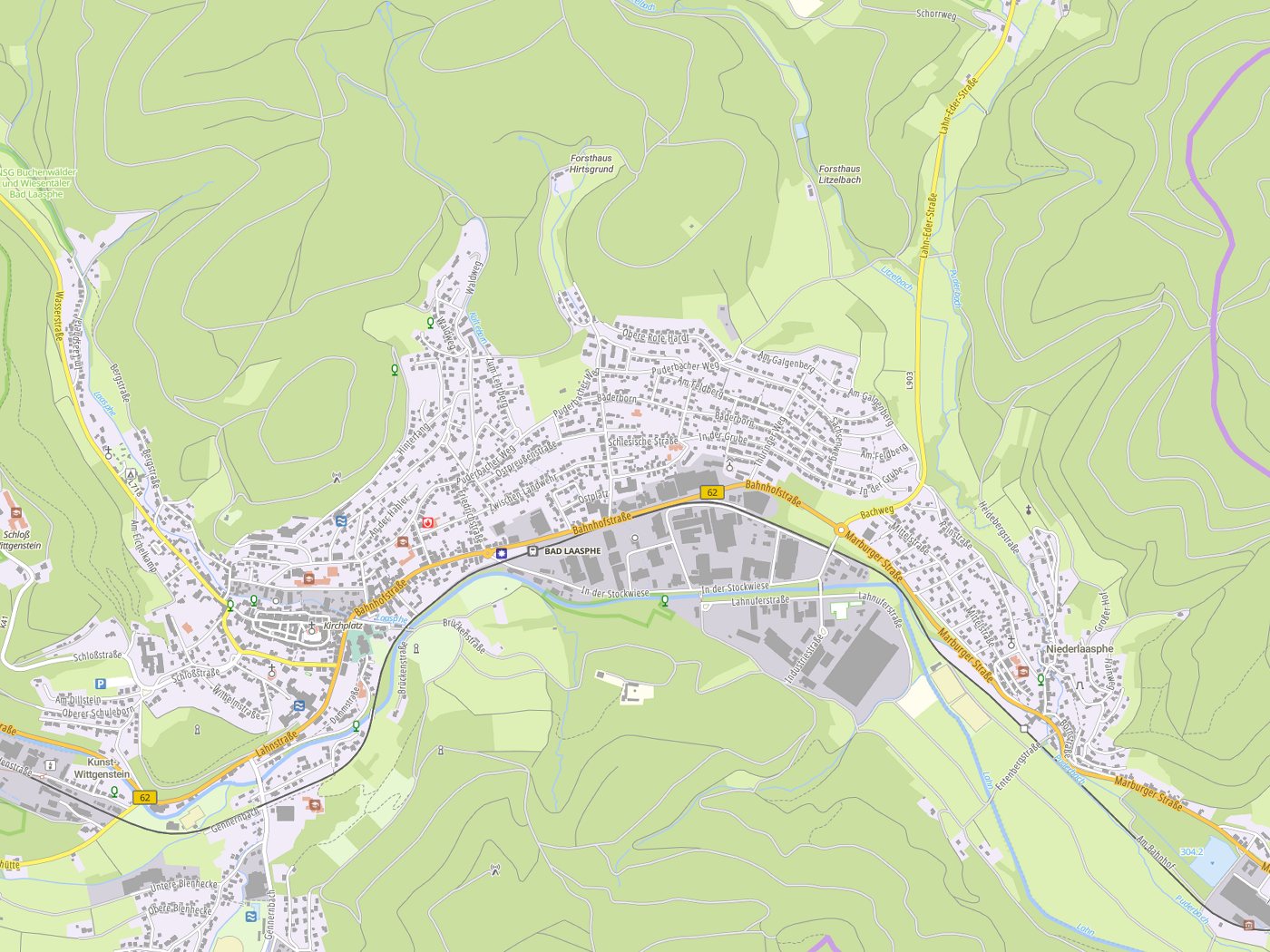 Kartenausschnitt Bad Laasphe mit Gewässern