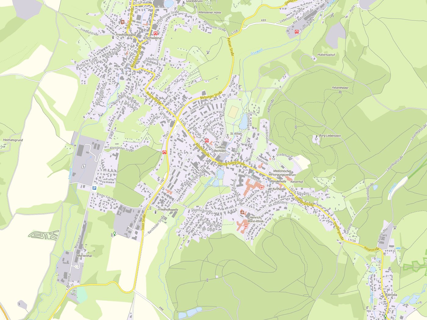 Kartenausschnitt Bad Liebenstein mit Gewässern