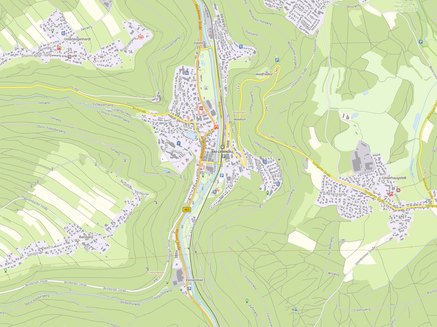 Kartenausschnitt Bad Liebenzell mit Gewässern