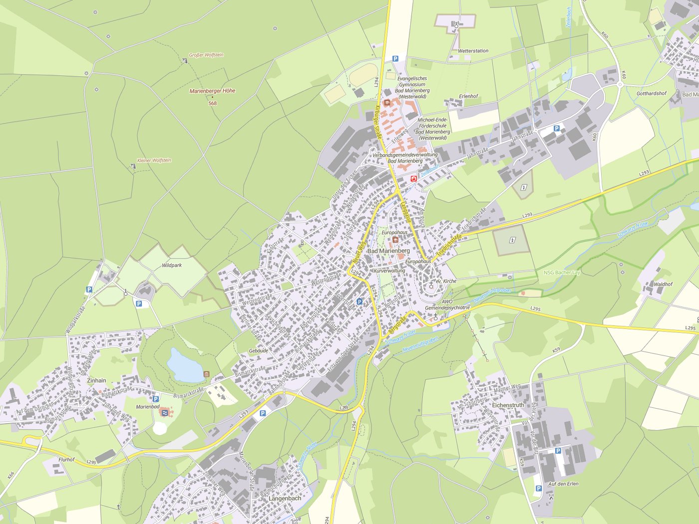 Kartenausschnitt Bad Marienberg (Westerwald) mit Gewässern