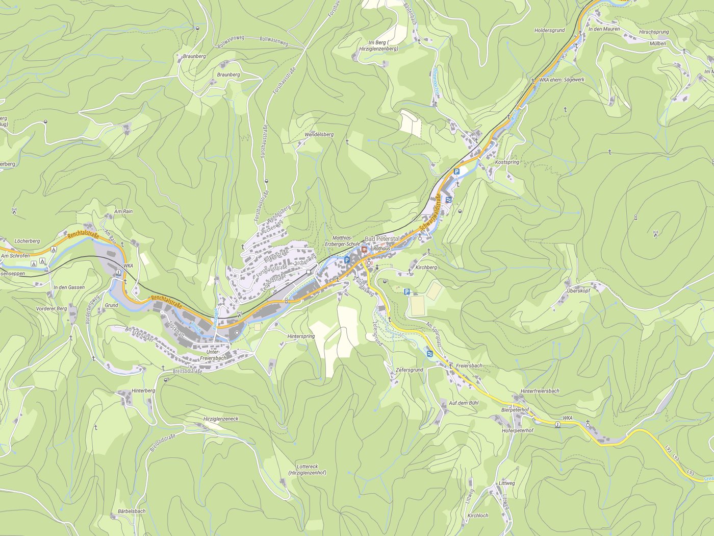 Kartenausschnitt Bad Peterstal-Griesbach mit Gewässern