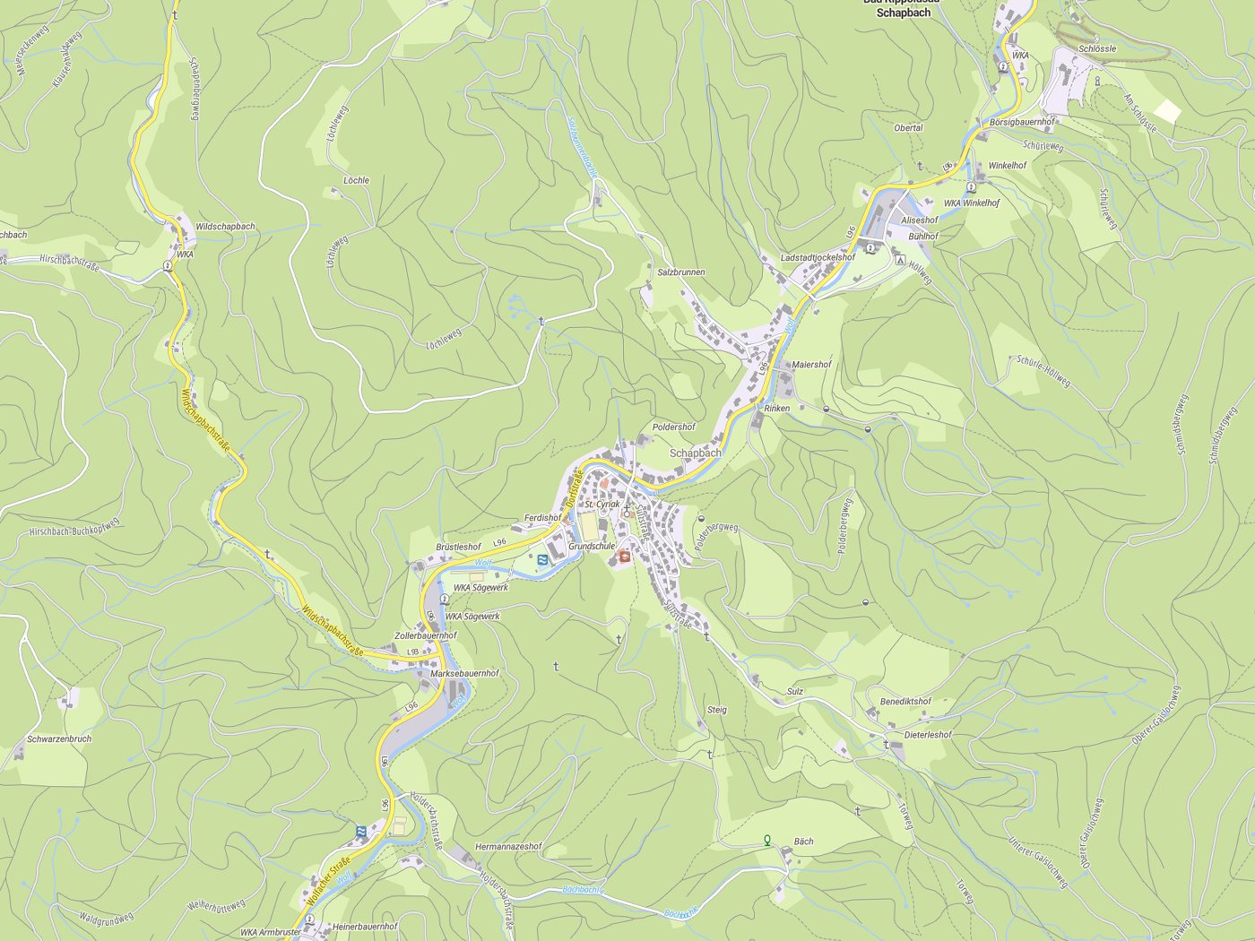 Kartenausschnitt Bad Rippoldsau-Schapbach mit Gewässern