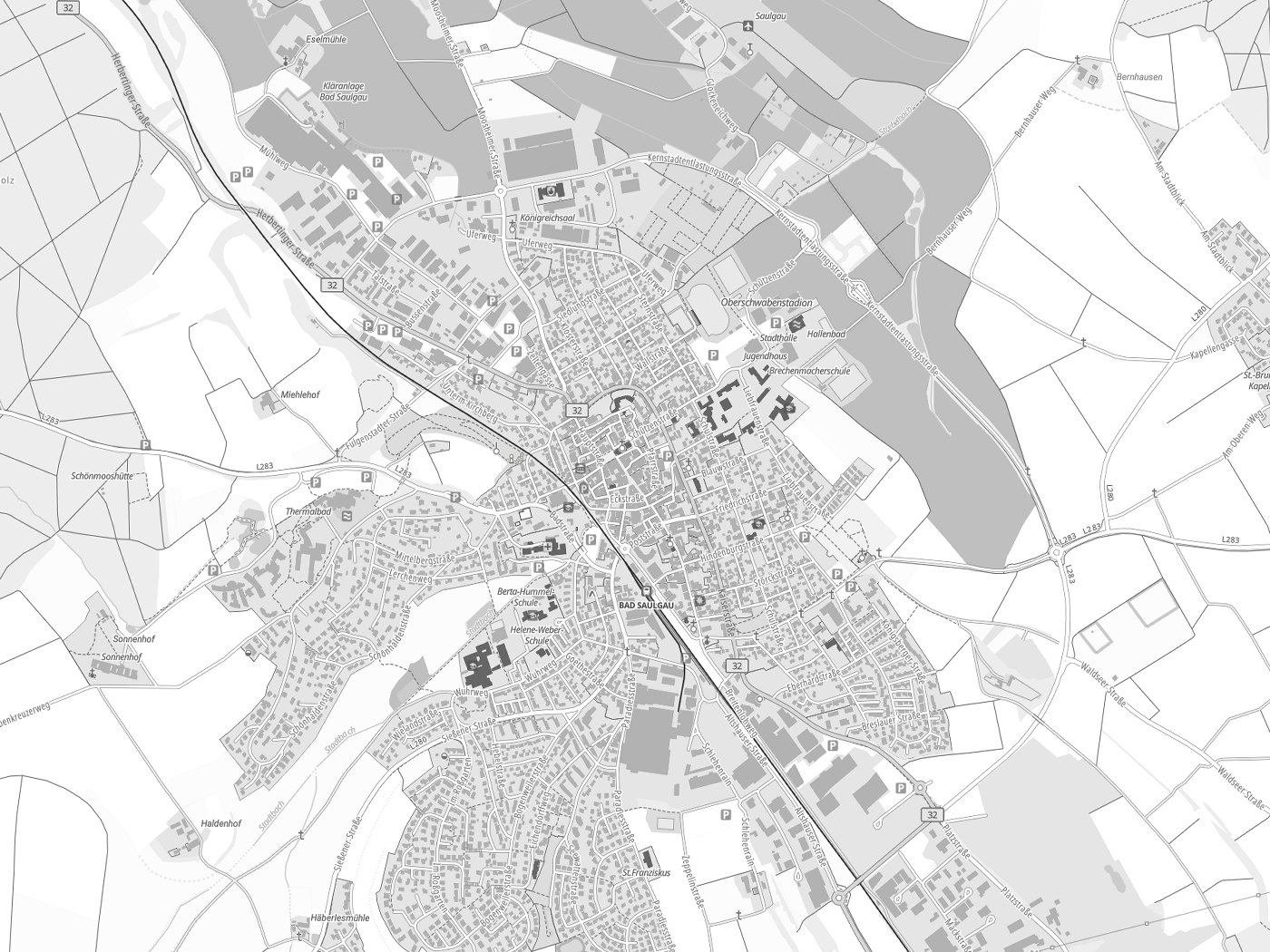 Kartenausschnitt Bad Saulgau mit Gewässern