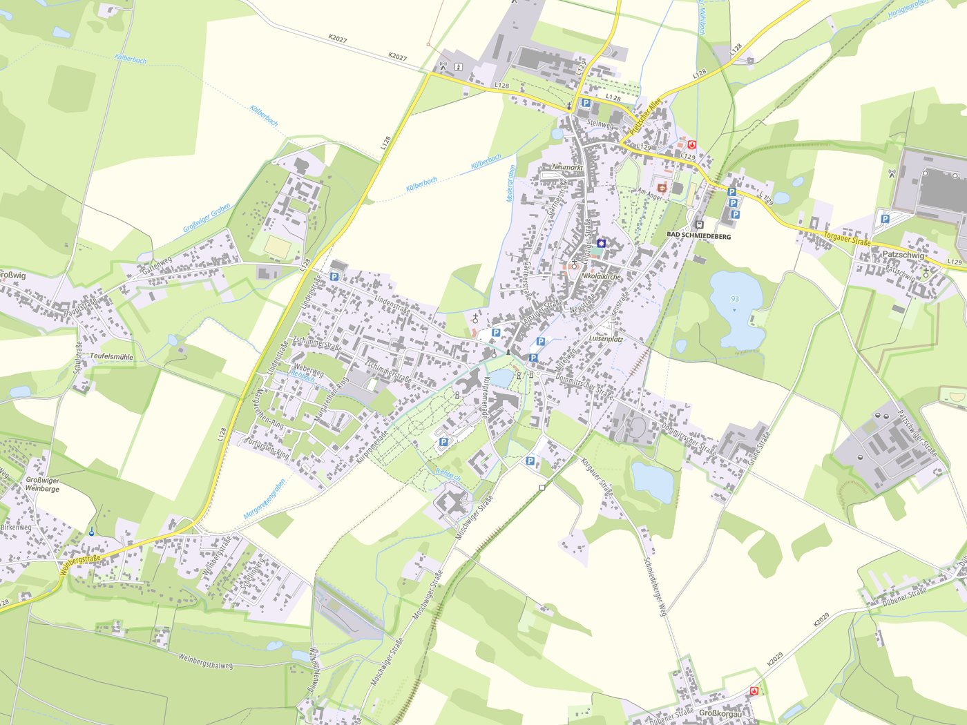 Kartenausschnitt Bad Schmiedeberg mit Gewässern