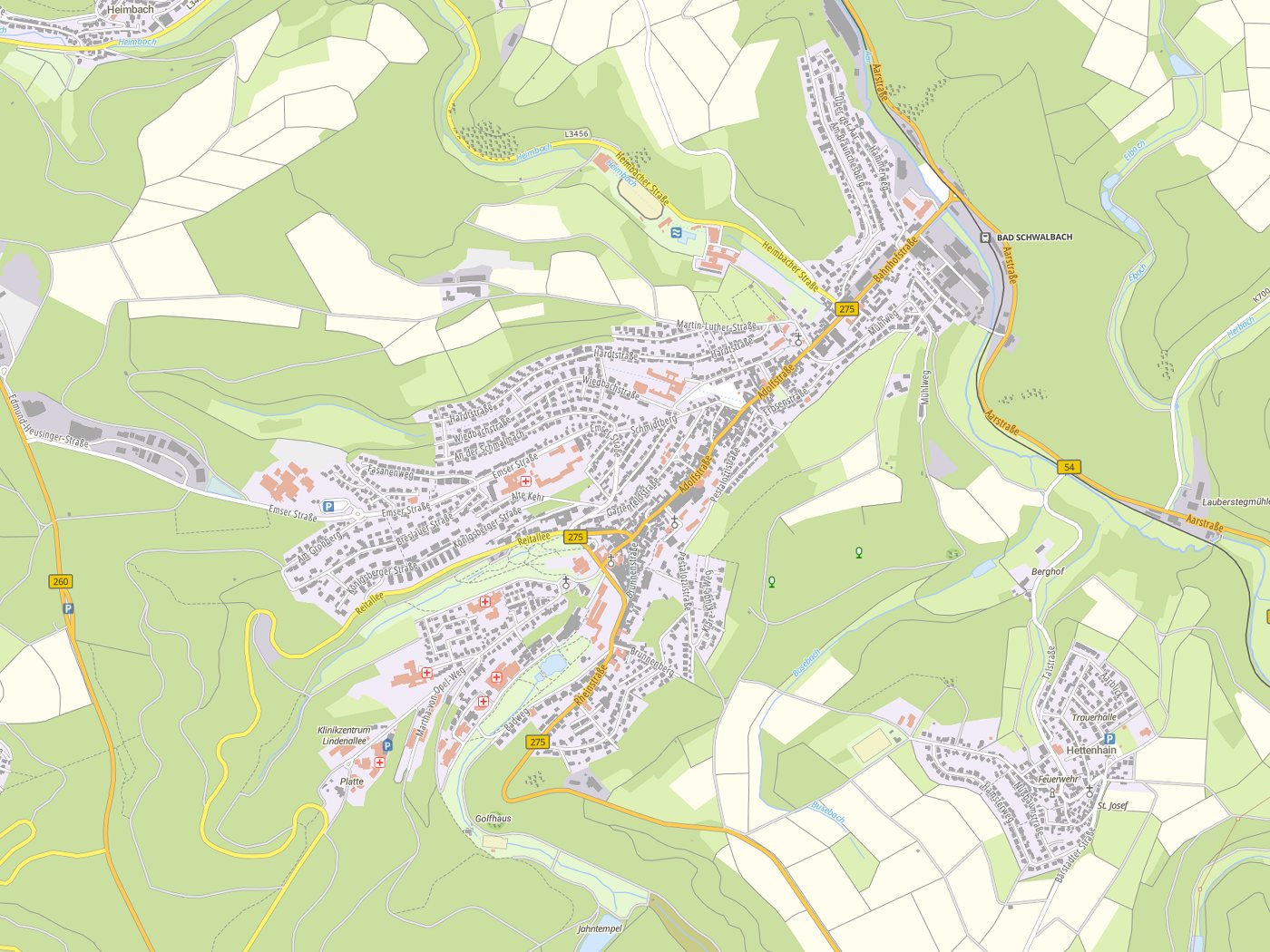 Kartenausschnitt Bad Schwalbach mit Gewässern