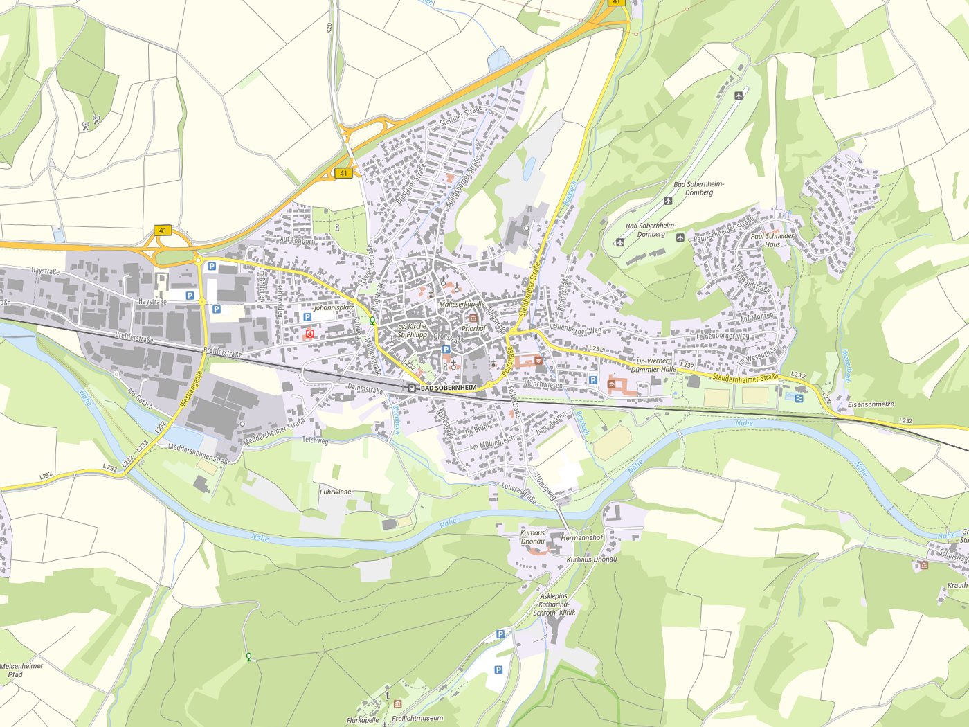 Kartenausschnitt Bad Sobernheim mit Gewässern