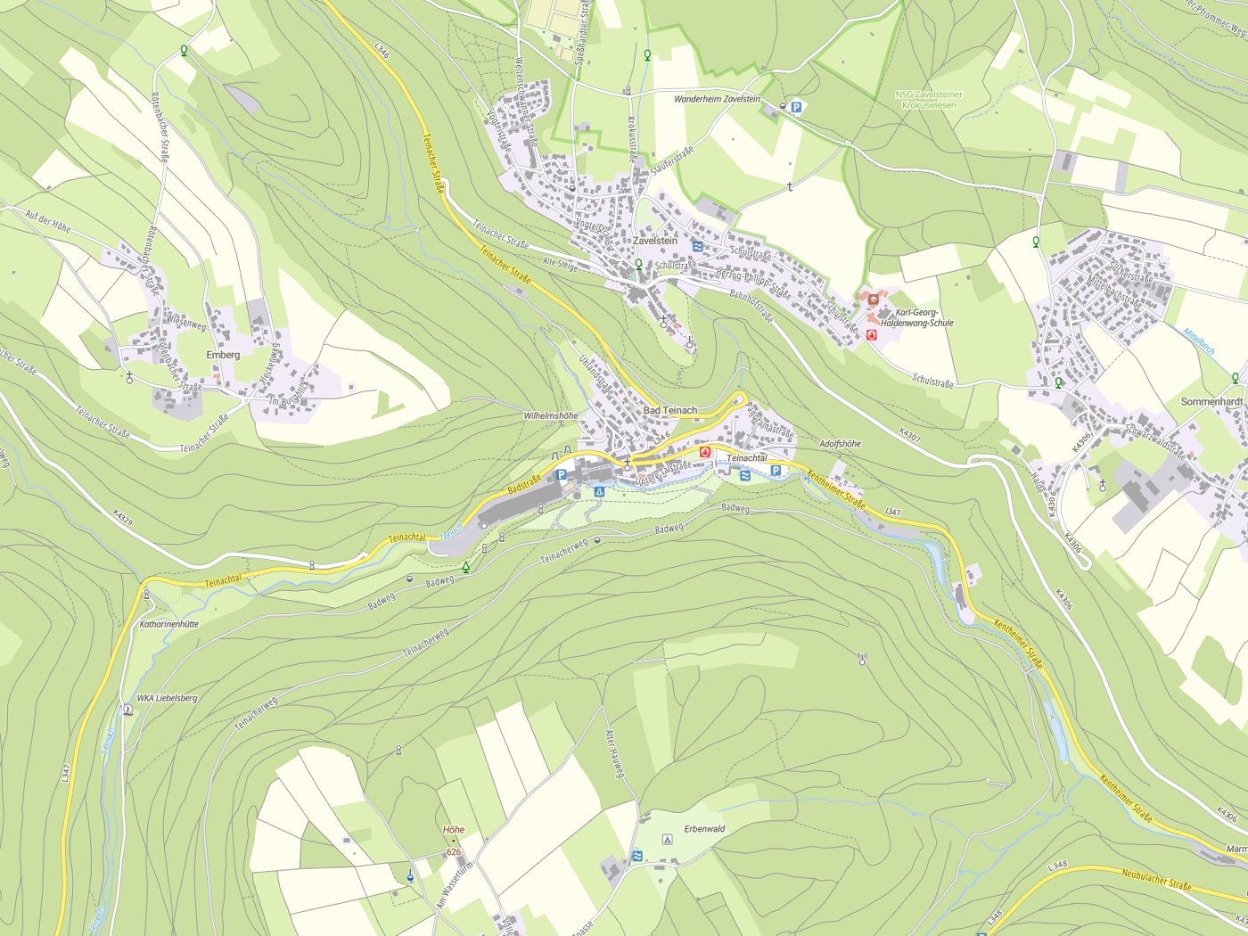 Kartenausschnitt Bad Teinach-Zavelstein mit Gewässern