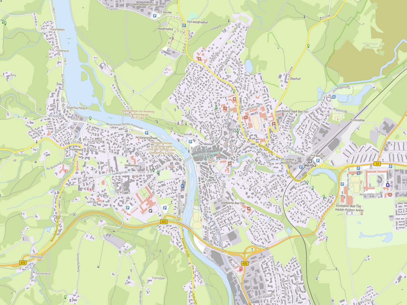 Kartenausschnitt Bad Tölz mit Gewässern