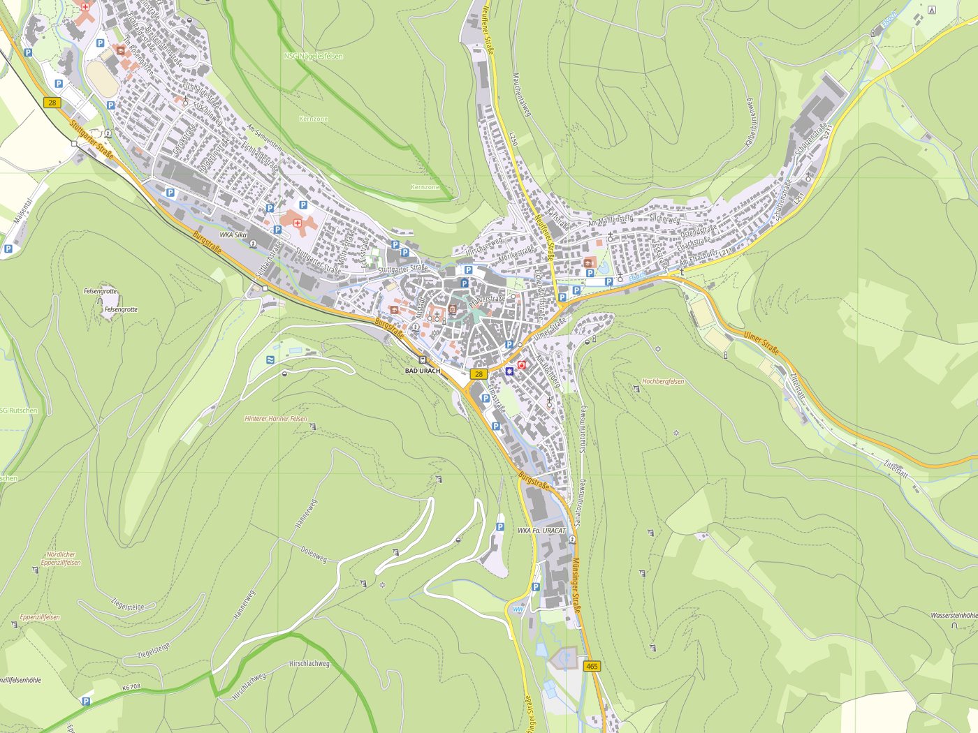 Kartenausschnitt Bad Urach mit Gewässern