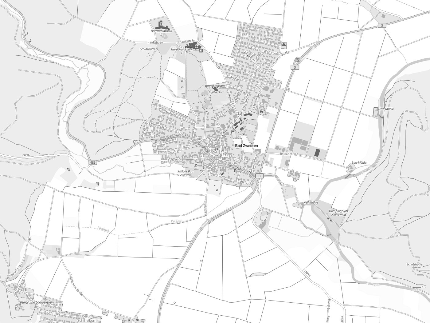Kartenausschnitt Bad Zwesten mit Gewässern
