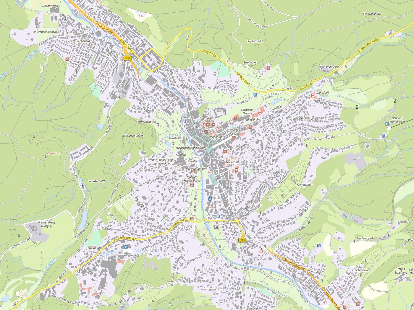Kartenausschnitt Baden-Baden mit Gewässern