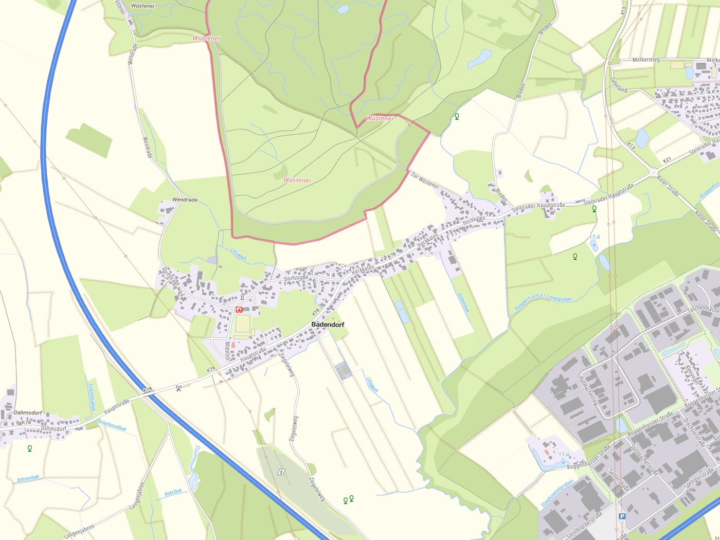 Kartenausschnitt Badendorf mit Gewässern