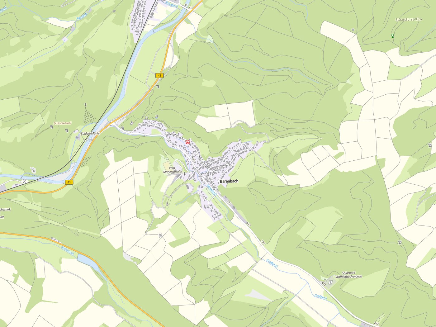Kartenausschnitt Bärenbach mit Gewässern