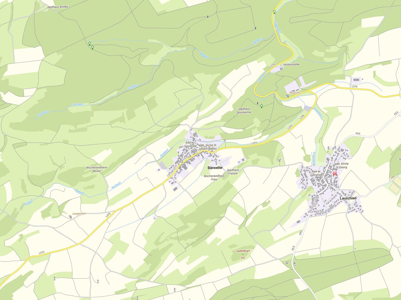 Kartenausschnitt Bärweiler mit Gewässern