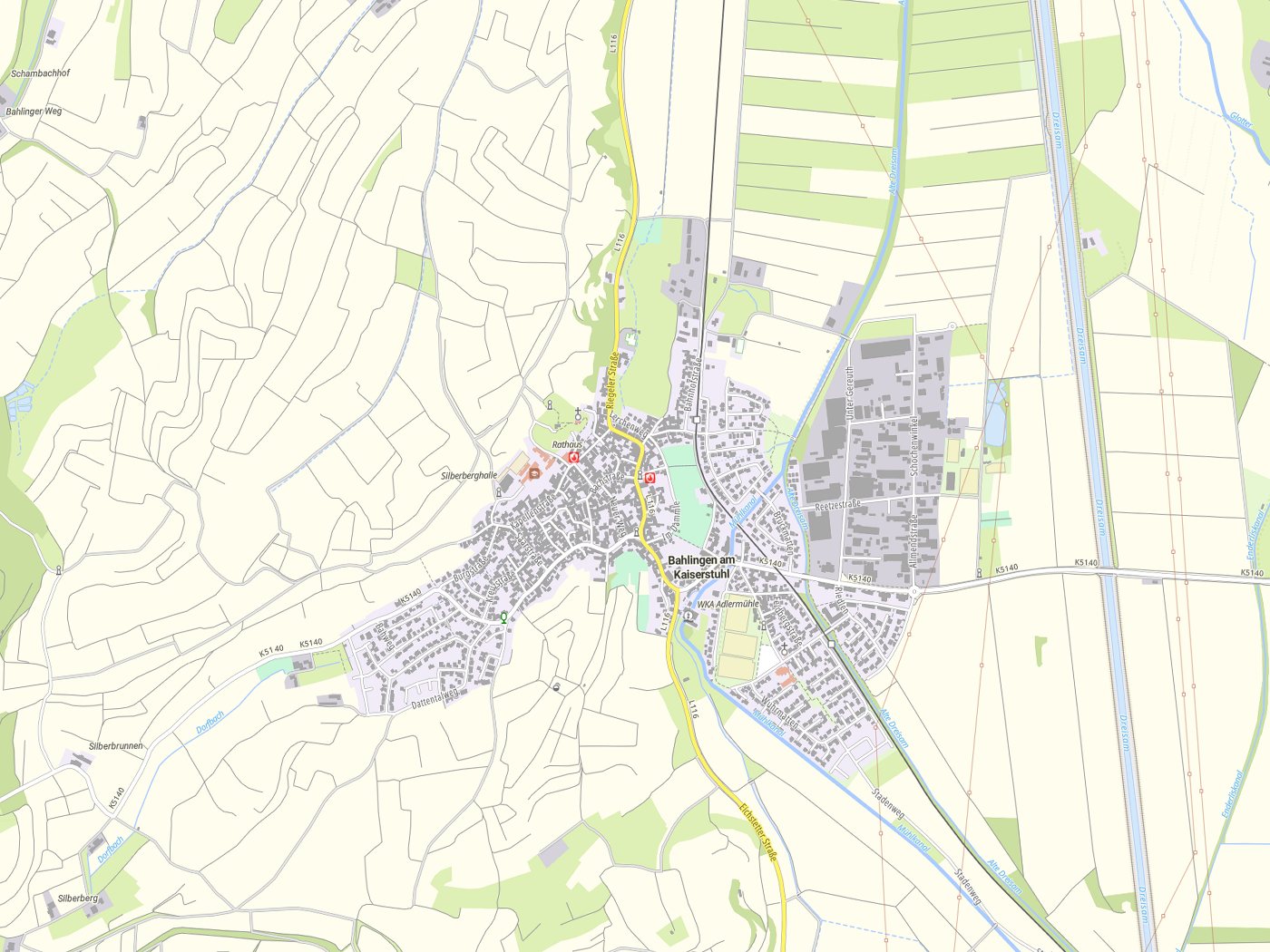 Kartenausschnitt Bahlingen am Kaiserstuhl mit Gewässern