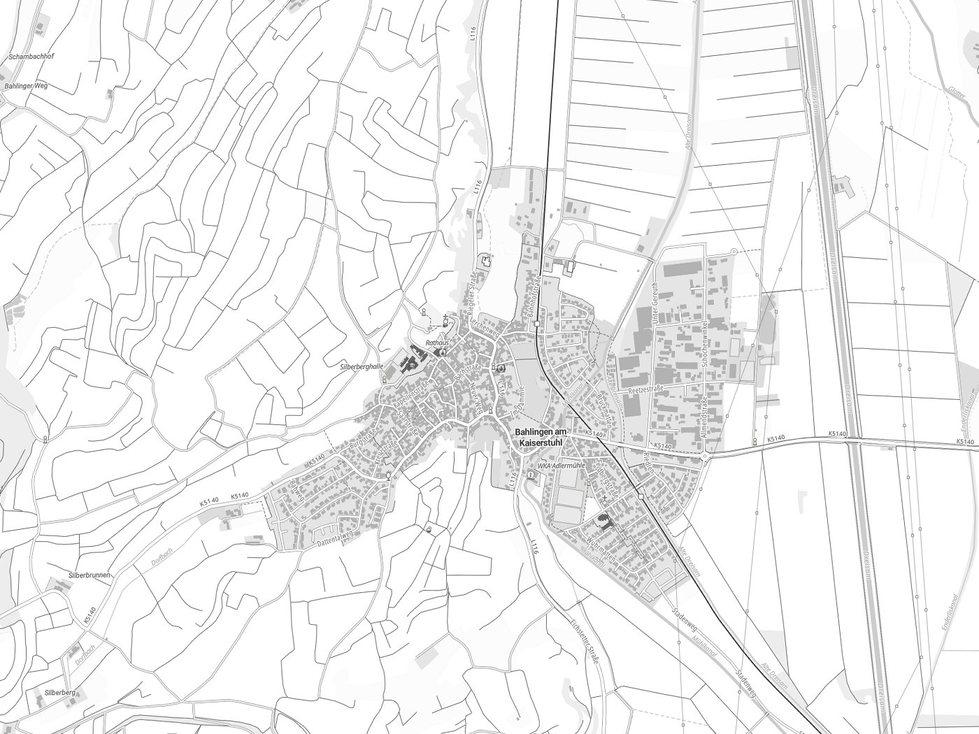 Kartenausschnitt Bahlingen am Kaiserstuhl mit Gewässern