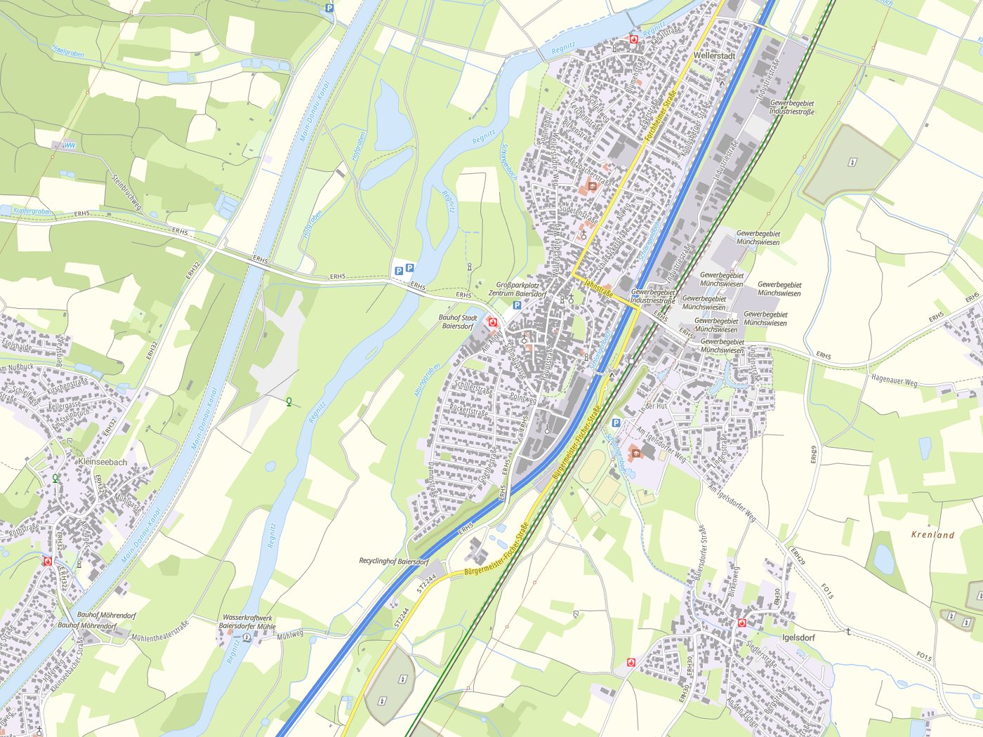 Kartenausschnitt Baiersdorf mit Gewässern