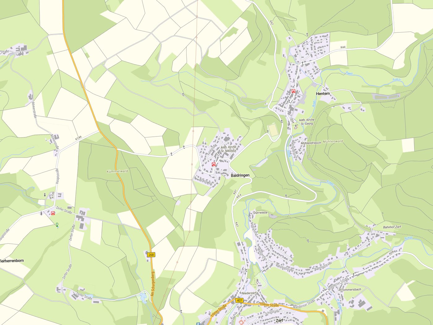 Kartenausschnitt Baldringen mit Gewässern