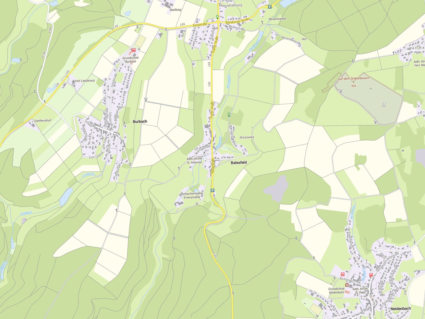 Kartenausschnitt Balesfeld mit Gewässern