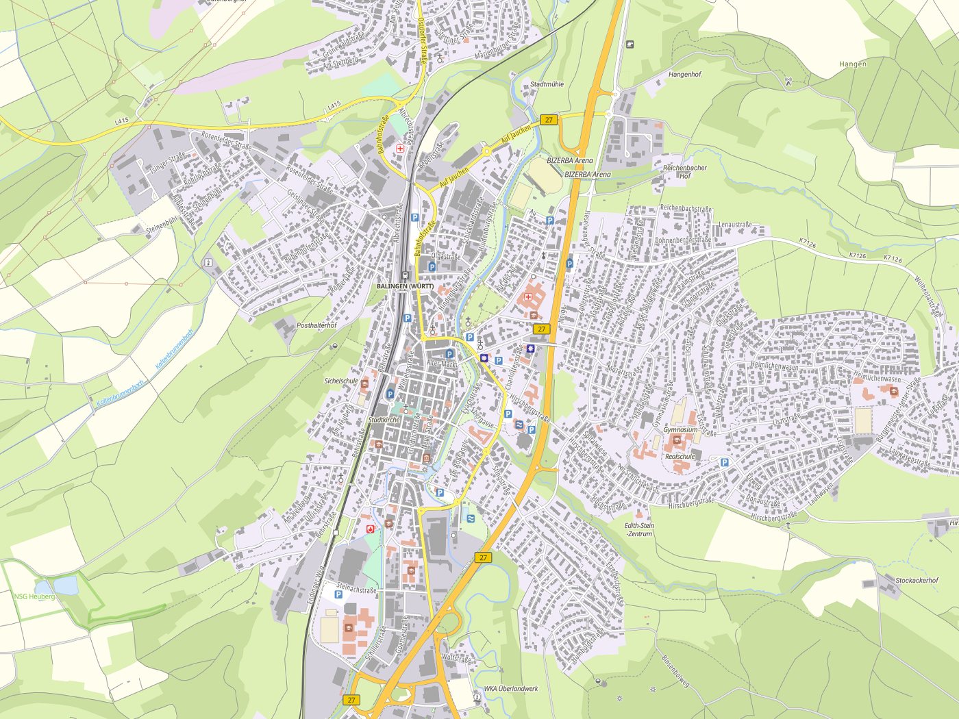 Kartenausschnitt Balingen mit Gewässern