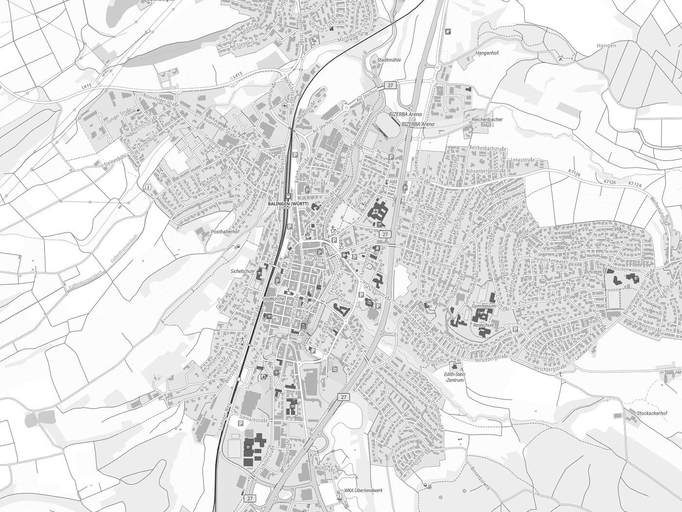 Kartenausschnitt Balingen mit Gewässern