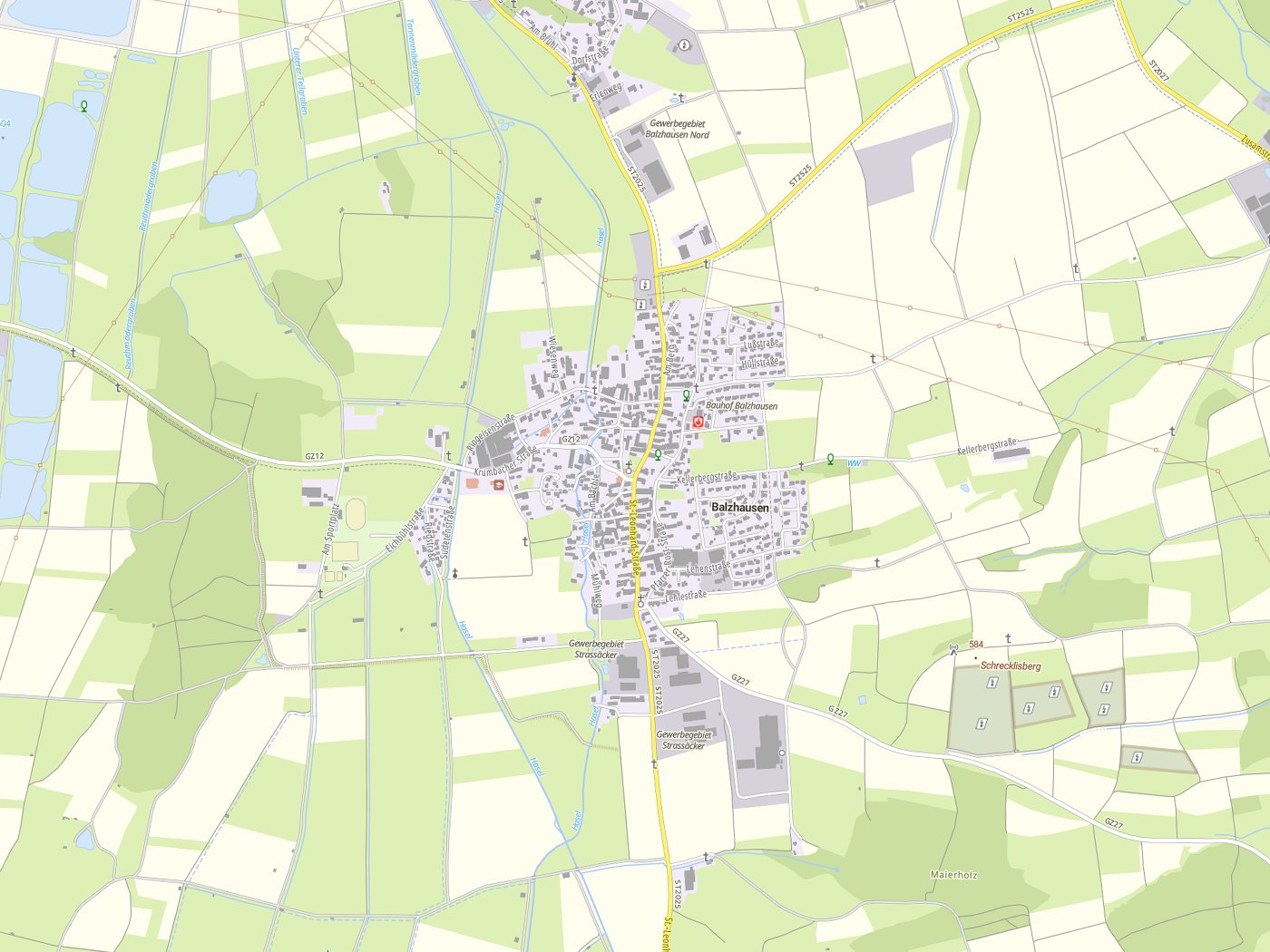 Kartenausschnitt Balzhausen mit Gewässern