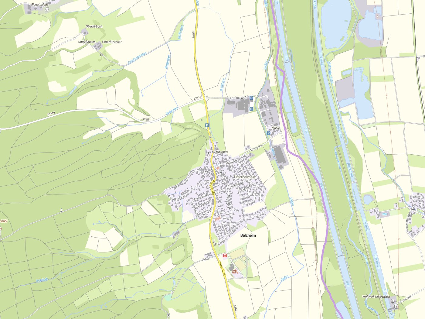 Kartenausschnitt Balzheim mit Gewässern