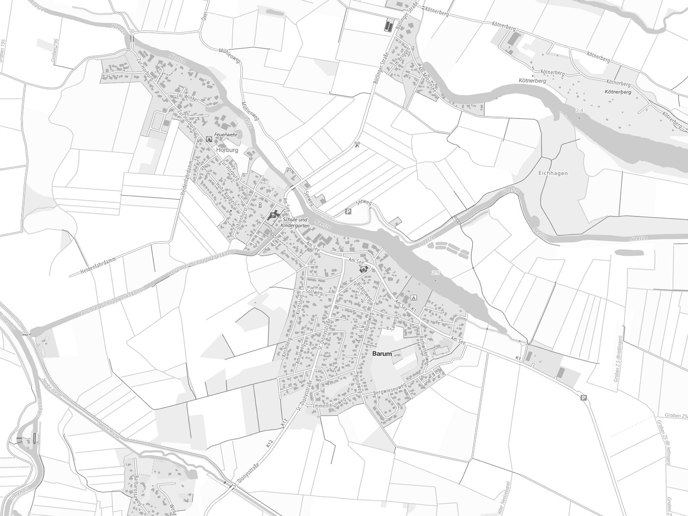 Kartenausschnitt Barum mit Gewässern